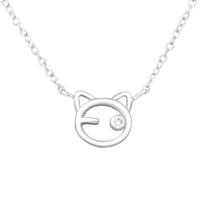 Silver Cat Necklace with Cubic Zirconia