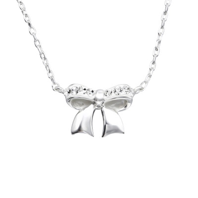 Silver Rose Bow Necklace with Crystal