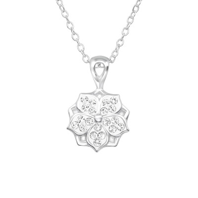 Silver Flower Necklace with Genuine European Crystals