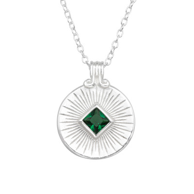 Silver Necklace with Engraved Round Pendant and Cubic Zirconia