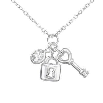 Silver Key and Padlock Charm Necklace with Cubic Zirconia