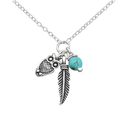 Silver Owl and Feather Charm Necklace