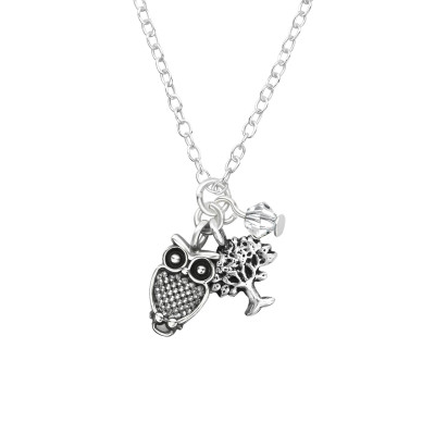 Silver Owl and Tree Of Life Necklace with Genuine European Crystals 