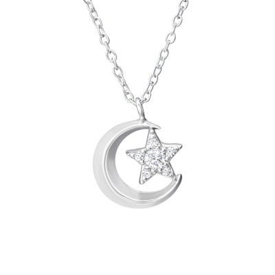 Silver Starry Moon Necklace with Cubic Zirconia