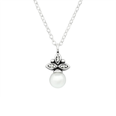 Silver Antique Necklace with Cubic Zirconia and Synthetic Pearls