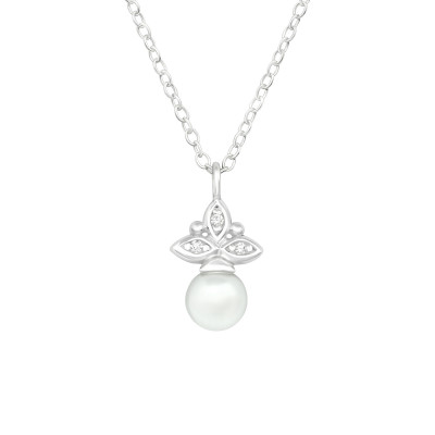 Silver Flower Necklace with Cubic Zirconia and Synthetic Pearl