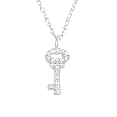 Silver Key Necklace with Cubic Zirconia