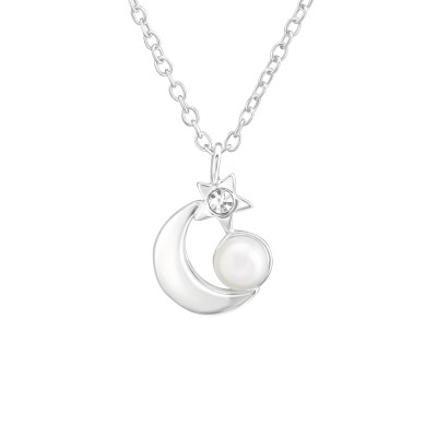 Silver Moon and Star Necklace with Synthetic Pearl and Crystal