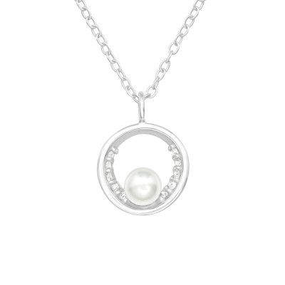 Silver Circle Necklace with Cubic Zirconia and Synthetic Pearl