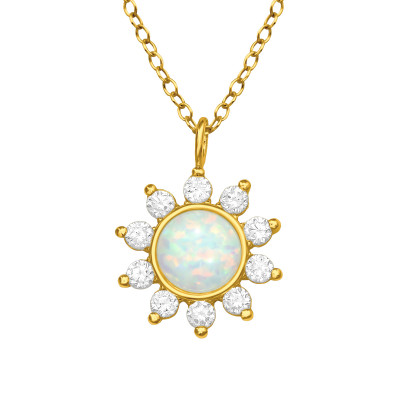 Silver Flower Necklace with Cubic Zirconia and Synthetic Opal