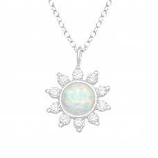 Silver Flower Necklace with Cubic Zirconia and Synthetic Opal
