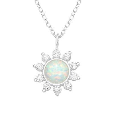 Silver Flower Necklace with Cubic Zirconia and Synthetic Opal