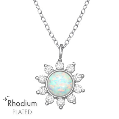 Silver Flower Necklace with Cubic Zirconia and Synthetic Opal