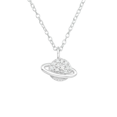 Silver Saturn Necklace with Cubic Zirconia