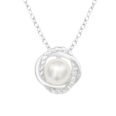 Silver Ball with Rings Necklace with Cubic Zirconia and Synthetic Pearl