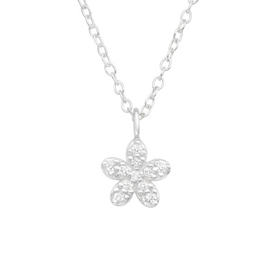 Silver Flower Necklace with Cubic Zirconia