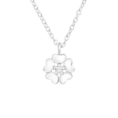 Silver Flower Hearts Necklace with Cubic Zirconia