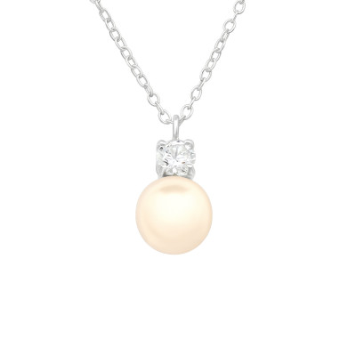 Silver Round Necklace with Cubic Zirconia and Synthetic Pearl