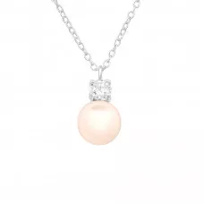 Silver Round Necklace with Cubic Zirconia and  Imitation Pearl