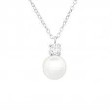 Silver Round Necklace with Cubic Zirconia and  Imitation Pearl