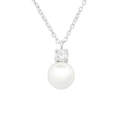 Silver Round Necklace with Cubic Zirconia and  Synthetic Pearl