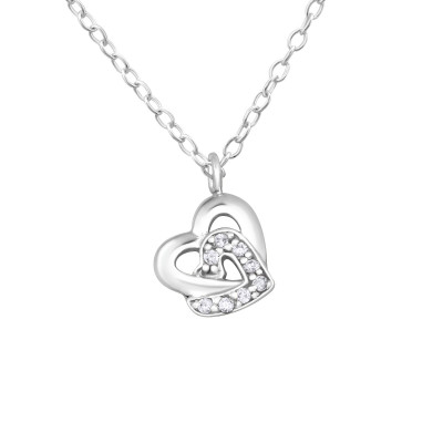 Silver Chained Hearts Necklace with Cubic Zirconia