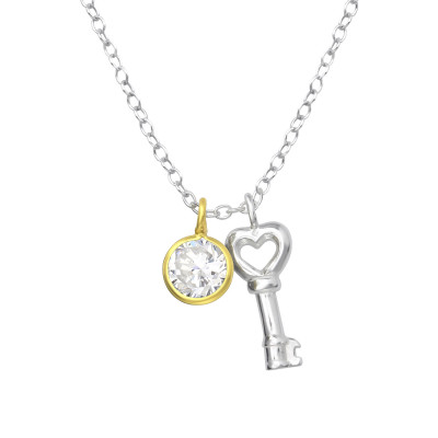 Silver Key Necklace with Cubic Zirconia