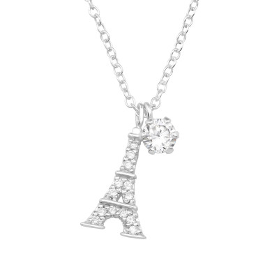 Silver Eiffel Tower Necklace with Cubic Zirconia