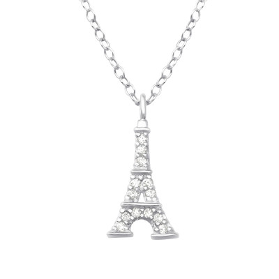 Silver Eiffel Tower Necklace with Cubic Zirconia