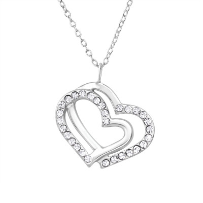 Double Heart Sterling Silver Necklace with Crystal