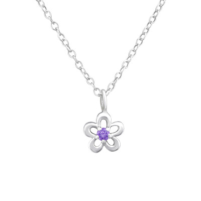 Silver Birthstone Flower Necklace with Cubic Zirconia