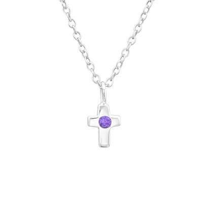 Silver Birthstone Cross Necklace with Cubic Zirconia