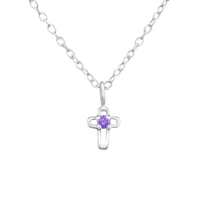 Silver Birthstone Cross Necklace with Cubic Zirconia