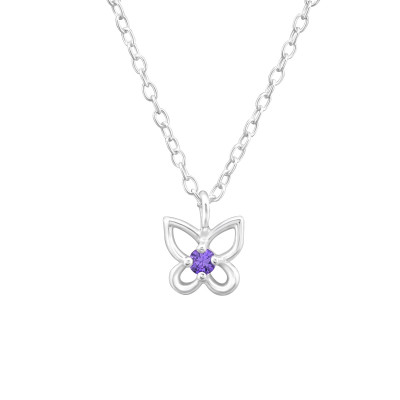 Silver Birthstone Butterfly Necklace with Cubic Zirconia