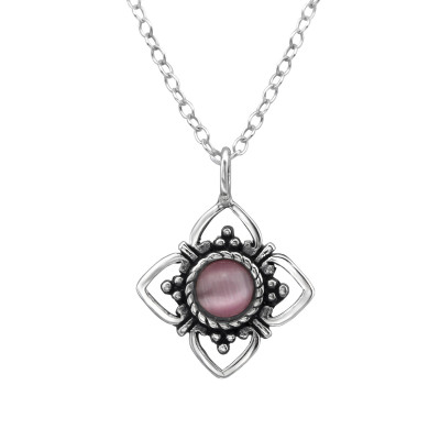 Silver Flower Necklace with Cat Eye