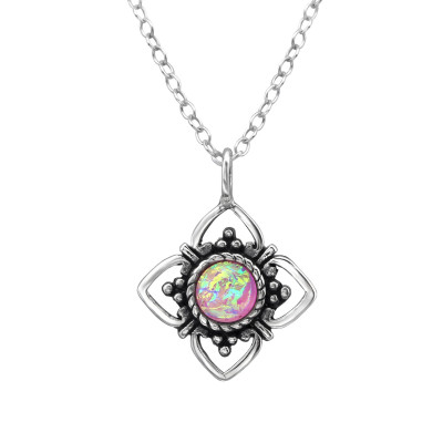 Silver Flower Necklace with Synthetic Opal
