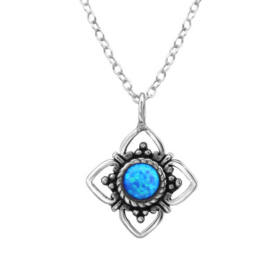 Silver Flower Necklace with Synthetic Opal