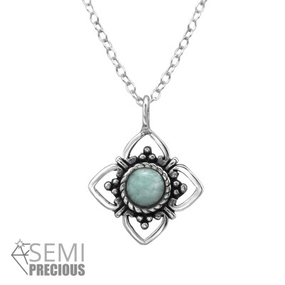 Silver Flower Necklace with Semi Precious Natural Stone