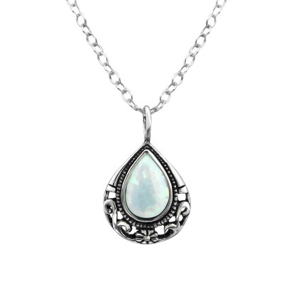 Silver Tear Drop Necklace with Opal