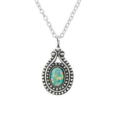 Silver Oval Synthetic Opal Necklace with Opal