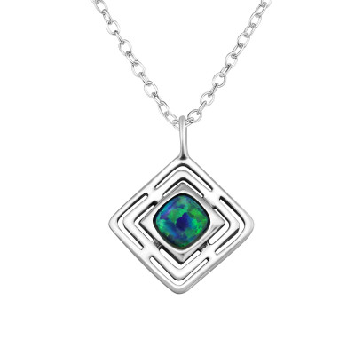 Silver Square Synthetic Opal Necklace with Opal