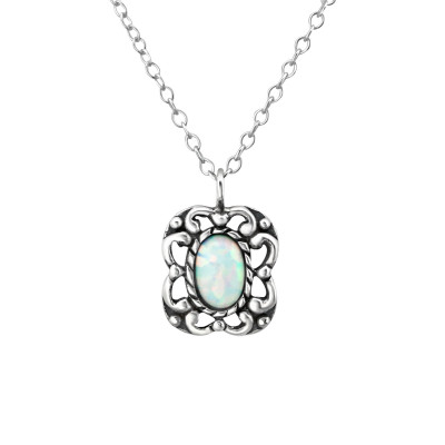 Silver Oval Necklace with Opal