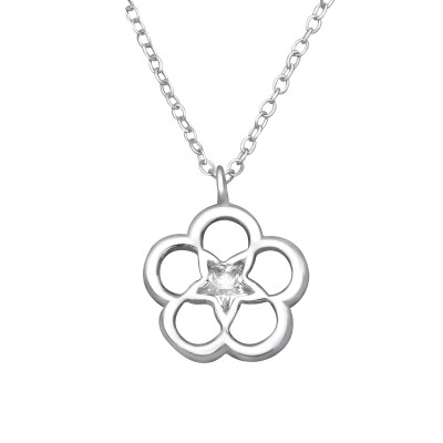 Flower Sterling Silver Necklace with Cubic Zirconia