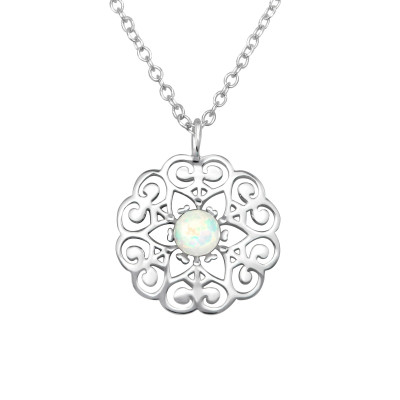 Silver Round Necklace with Opal