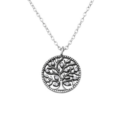 Silver Tree Of Life Necklace with Cubic Zirconia