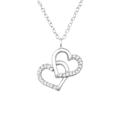 Silver Double Heart Necklace with Cubic Zirconia