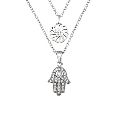 Hamsa Layering Sterling Silver Necklace with Cubic Zirconia