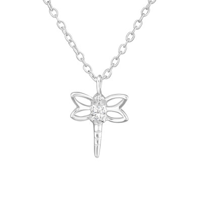 Silver Dragonfly Necklace with Cubic Zirconia