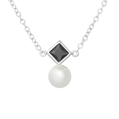 Geometric Sterling Silver Necklace with Cubic Zirconia and Pearl