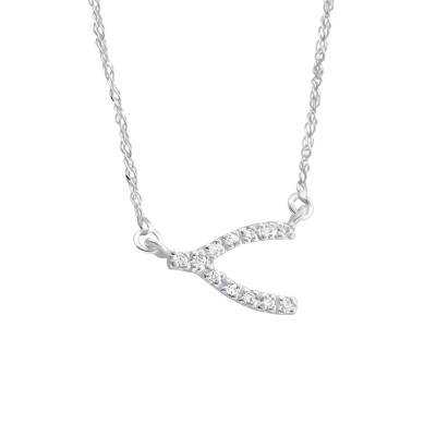 Silver Inline Wishbone Necklace with Cubic Zirconia